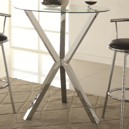 Round Pub Table with Glass Top and XShaped ChromeColored Base